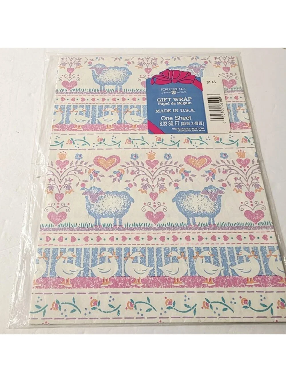 Vtg Cottage Farmhouse Core Sheep Lambs Ducks Floral Hearts Wrapping Paper Crafts